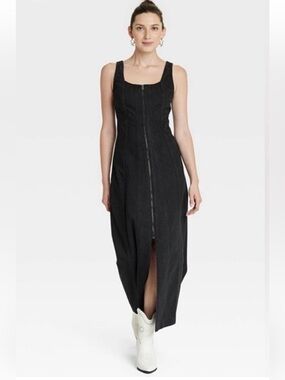 Universal Thread NWT Black Zip Front Square Neck Denim Midi Dress 14
